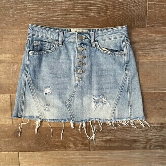 Free People We The Free Button Fly Raw Hem Denim Skirt - Picture 2 of 4